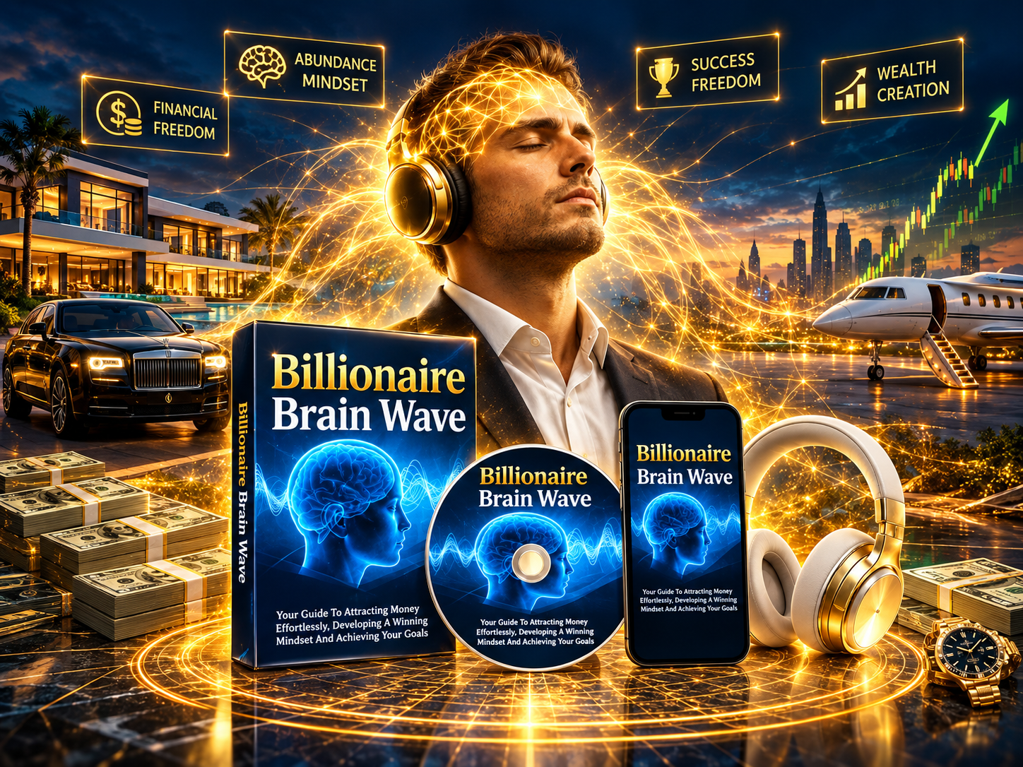 Billionaire Brain Wave audio program on a smartphone with stereo headphones